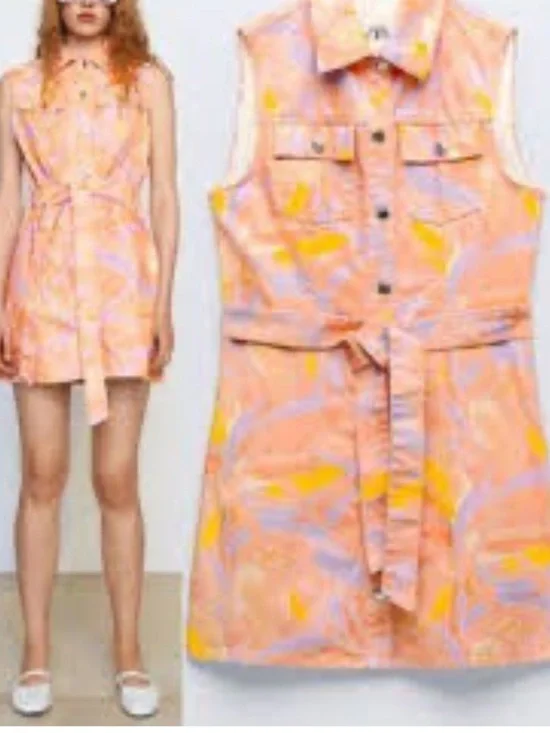 Zara Sleeveless Belted Denim Dress in Peach Lavender Yellow - Picture 3 of 8